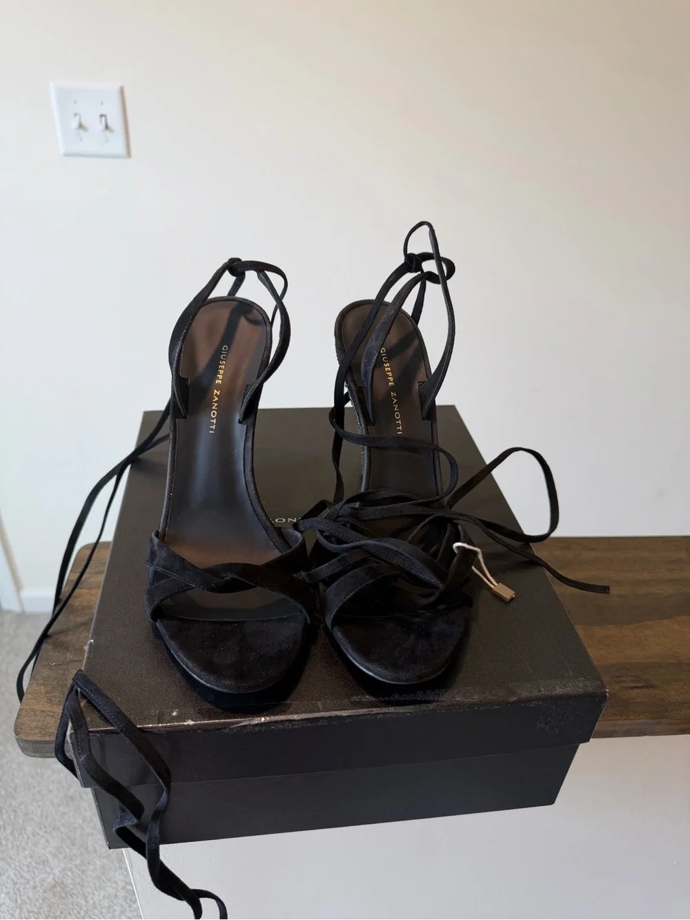 GIUSEPPE ZANOTTI Black Crystal-Embellished Lace-Up Wedge Sandals